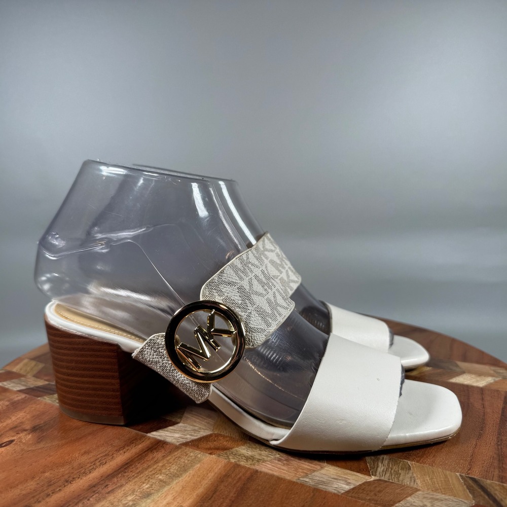 Michael Kors White Leather Monogram Block Heel Slide Sandals 6M PW21K
